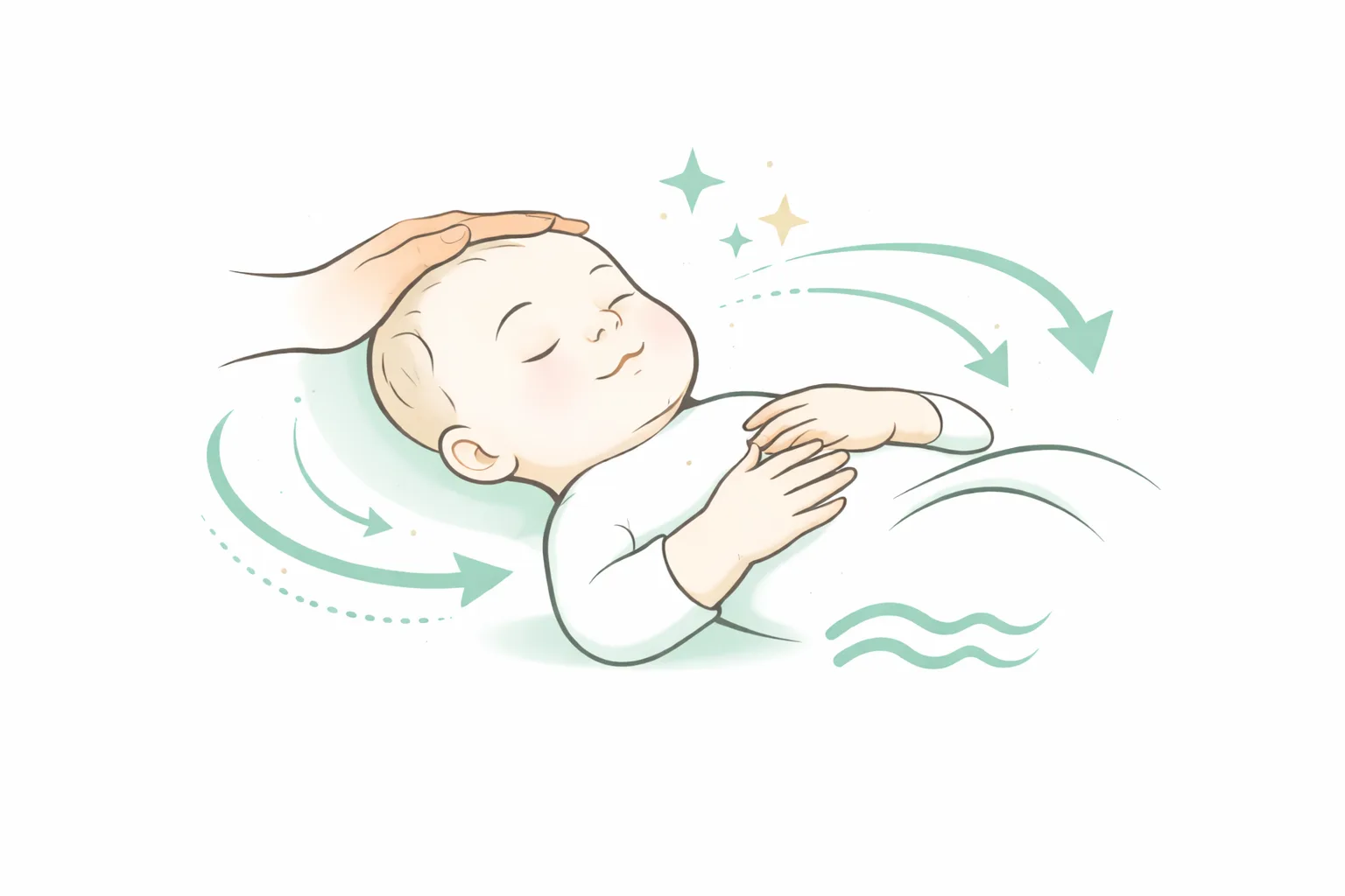 Illustration ostéopathie pédiatrique à Lausanne : bébé apaisé et main sur la tête