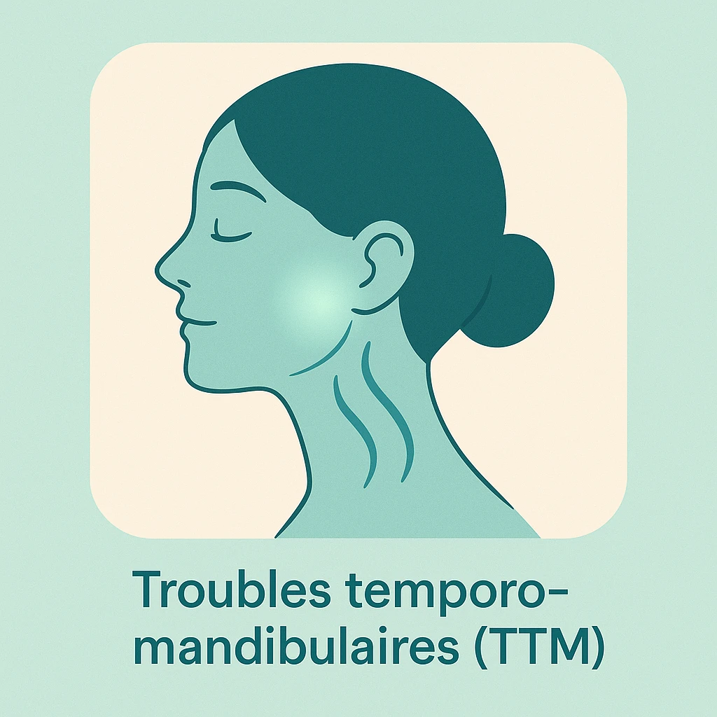 Illustration synthétique des troubles temporo-mandibulaires (TTM) et des muscles masticateurs.