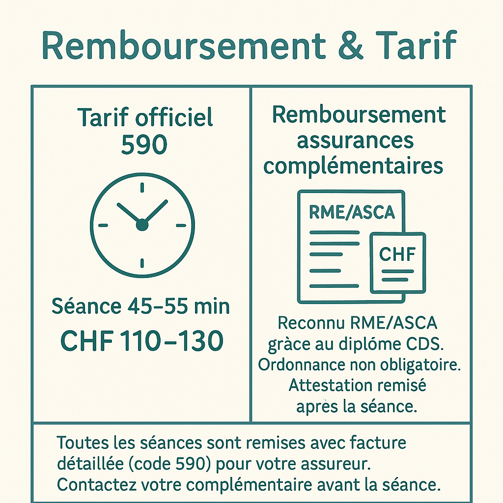 Infographie tarif officiel 590, durée 45 à 55 minutes et remboursement assurances complémentaires RME/ASCA